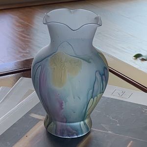 Vintage Reuven Nouveau Art Glass 6" Small Vase Ruffle Top Hand Painted